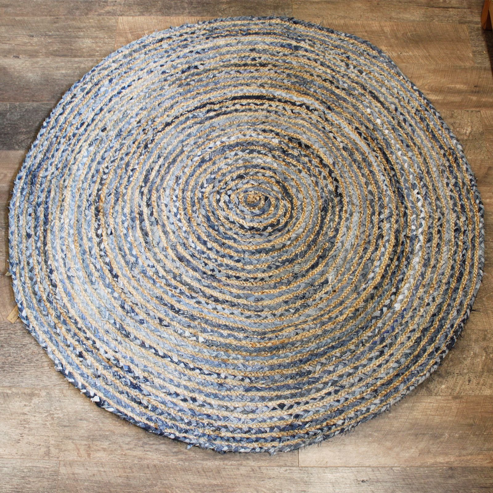 round rug recycled denim jute bold textured weave